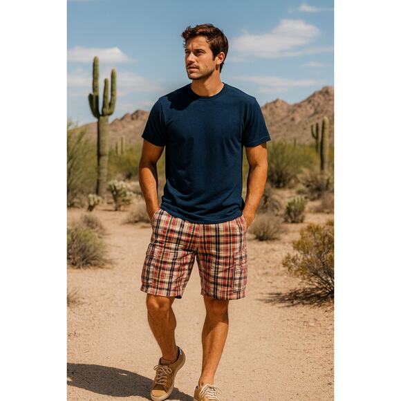 Club Room Men's 33 Plaid Cargo Shorts Pink Blue Check Cotton Casual Summer - Picture 1 of 6